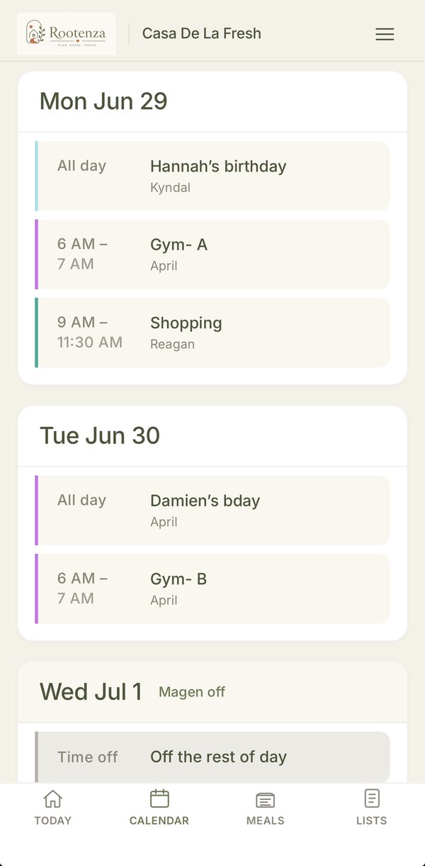 The family calendar, color-coded by person