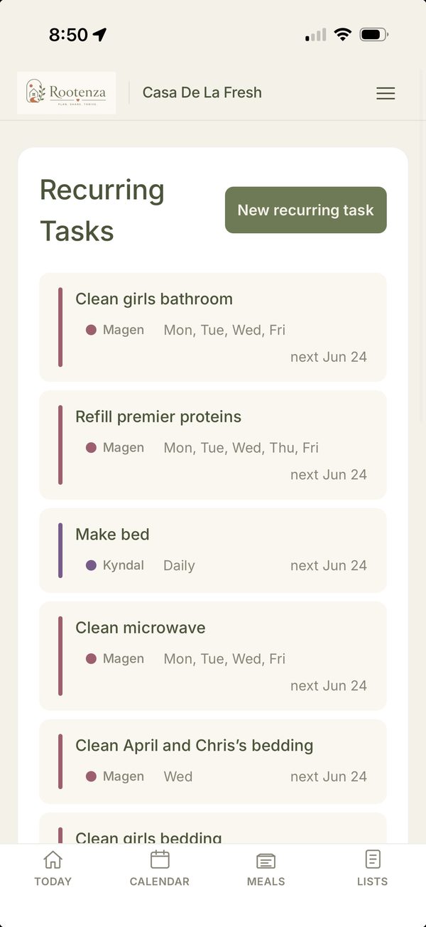 Recurring chores showing who's assigned and the schedule