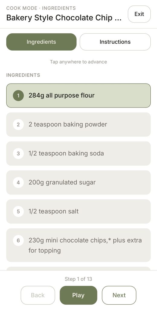 Cook Mode reading recipe steps hands-free in large text