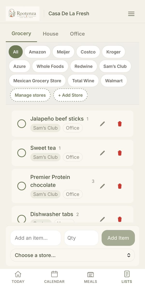 A shared grocery list with multiple store tabs