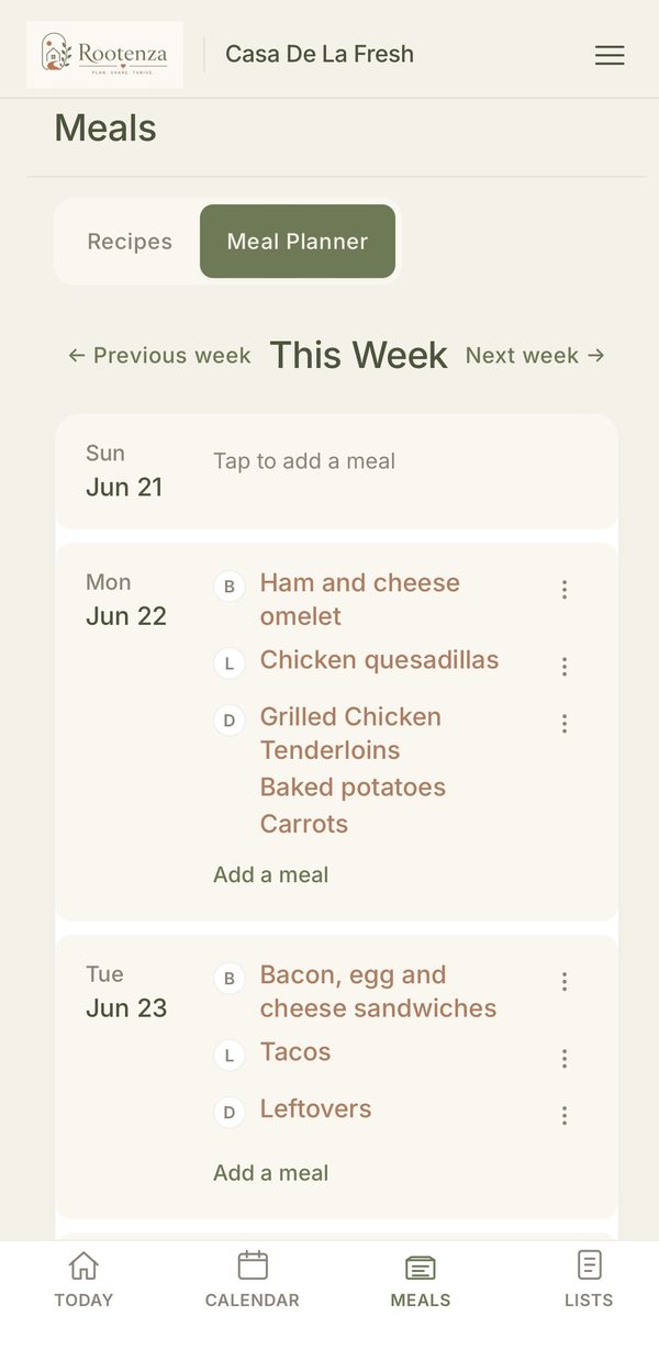 The weekly meal planner showing breakfast, lunch, and dinner