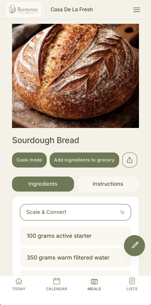 A Rootenza recipe with its photo, Cook Mode button, and add-to-grocery