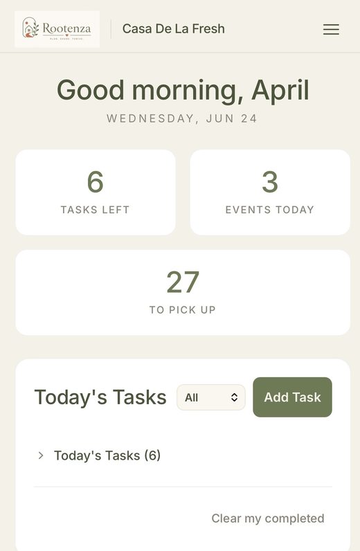 The Rootenza Today screen — tasks and tonight's meal at a glance