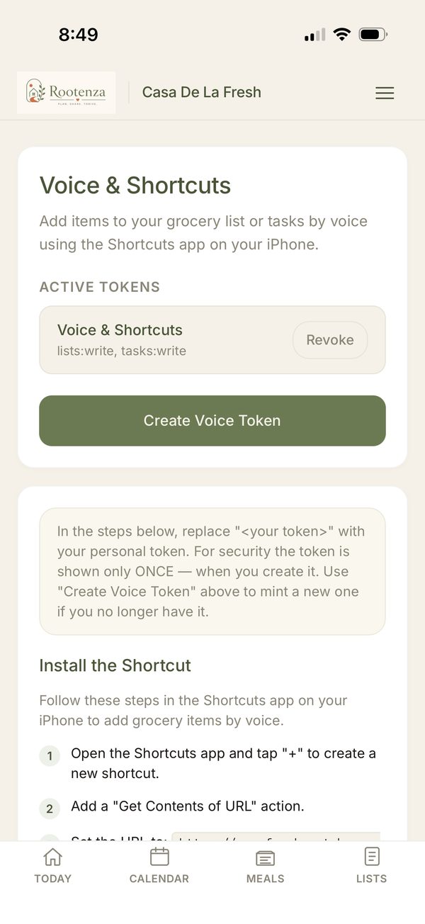 The Voice and Shortcuts setup screen